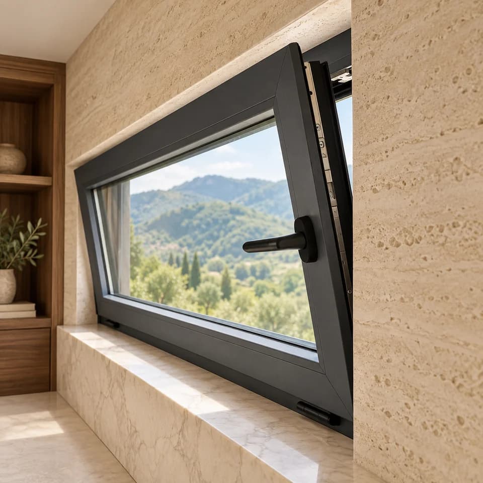 Ventana abatible con bisagras inferiores y apertura inclinada hacia el interior