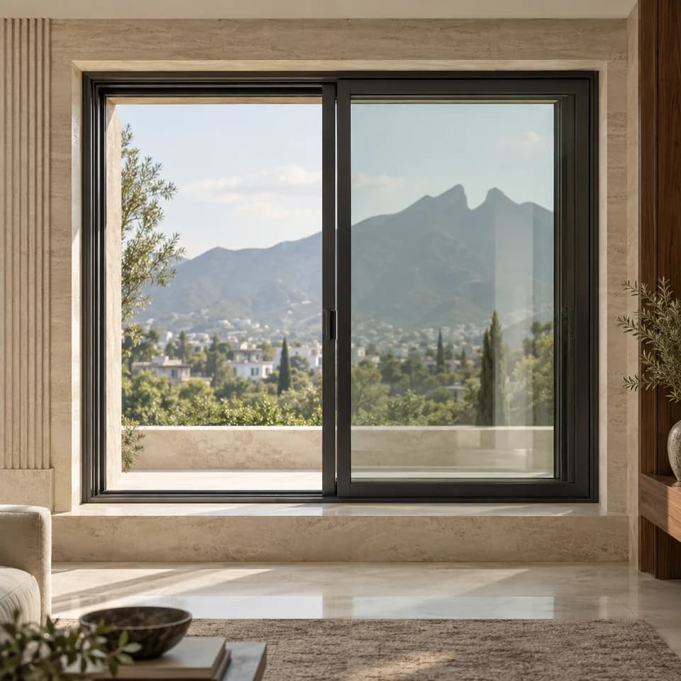 Ventana corredera negra de dos hojas con vista a la montaña