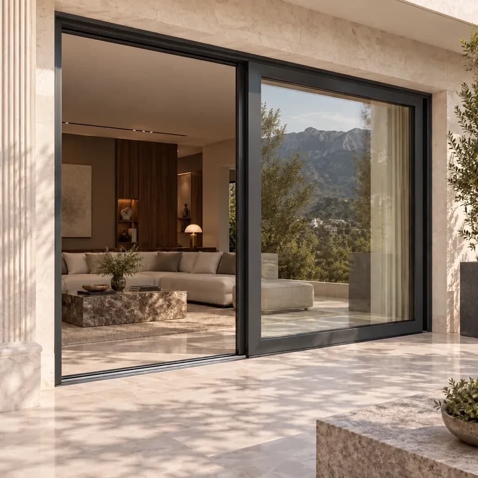 Puerta elevadora vista desde la terraza hacia el interior