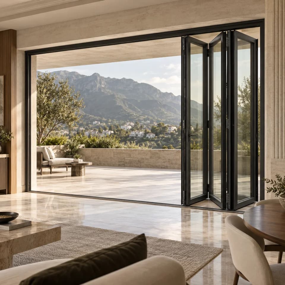 Puerta plegable negra con las hojas apiladas junto a la jamba y la terraza abierta