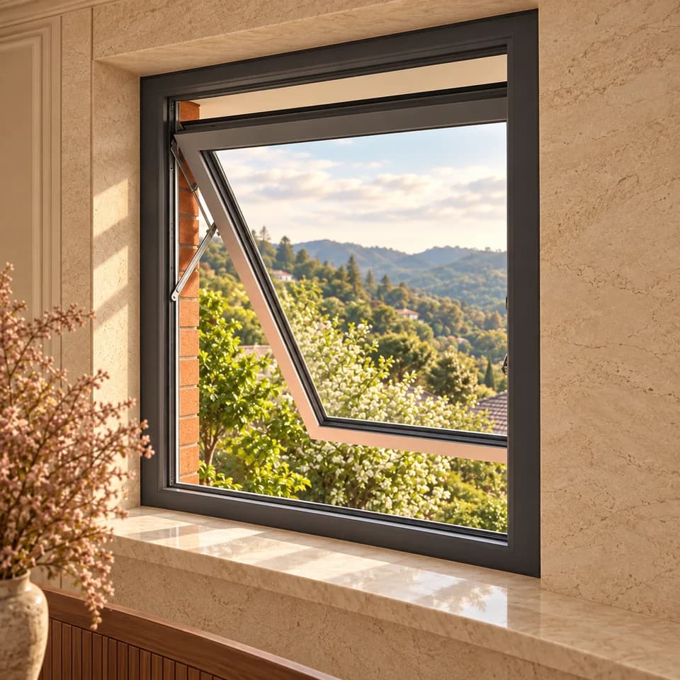 Ventana proyectante abierta hacia el exterior, sostenida por sus compases laterales