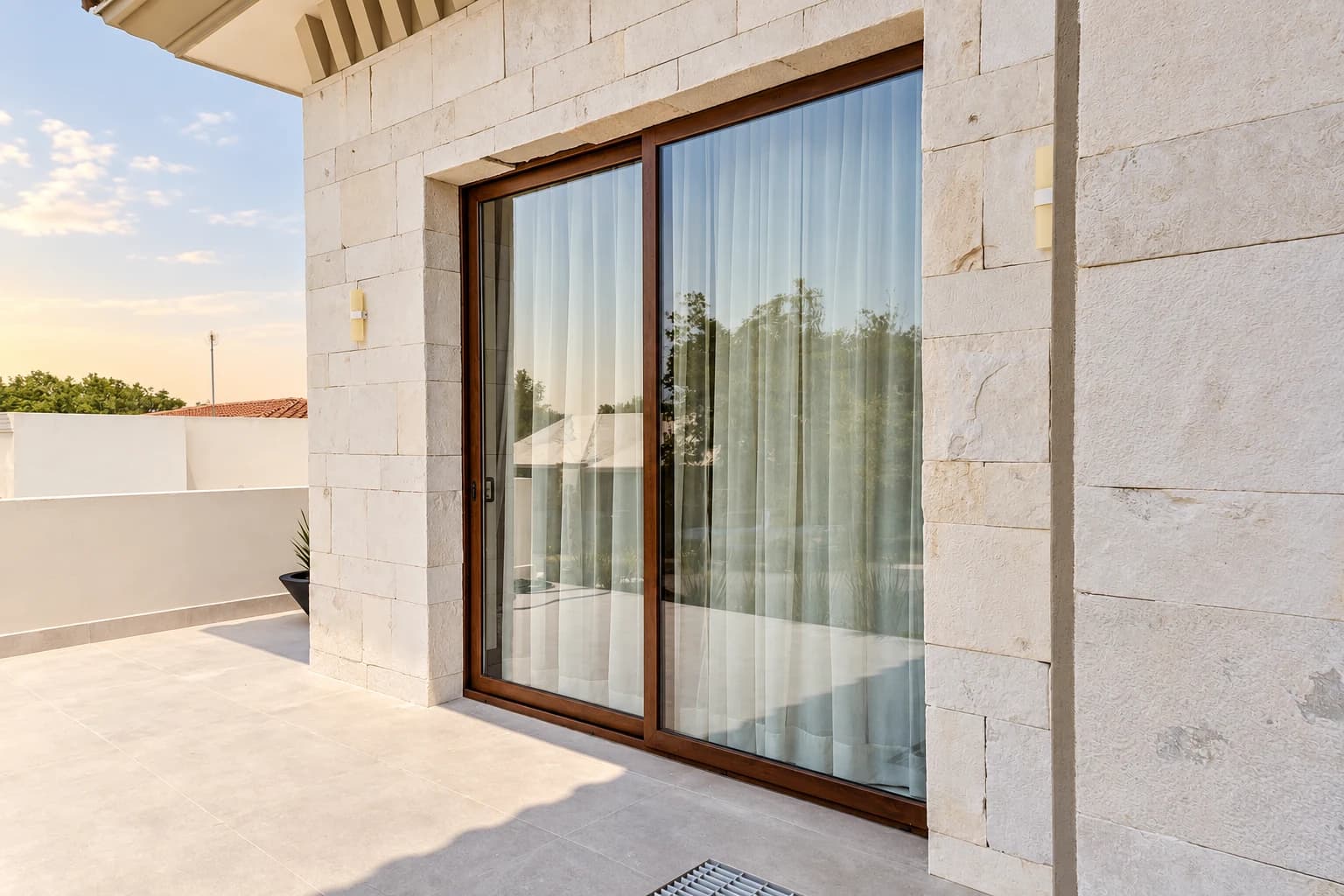 Puerta corredera Kömmerling con acabado madera