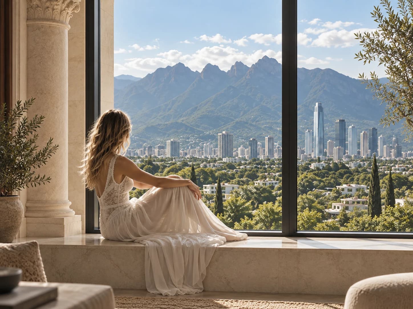Escena conceptual: mujer junto a un ventanal de marco oscuro, con vistas a las montanas y la ciudad de San Pedro