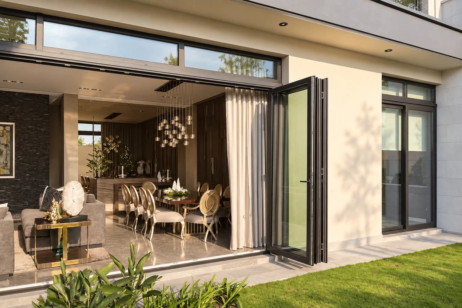 Puerta plegable Kömmerling EuroFutur 70 abierta