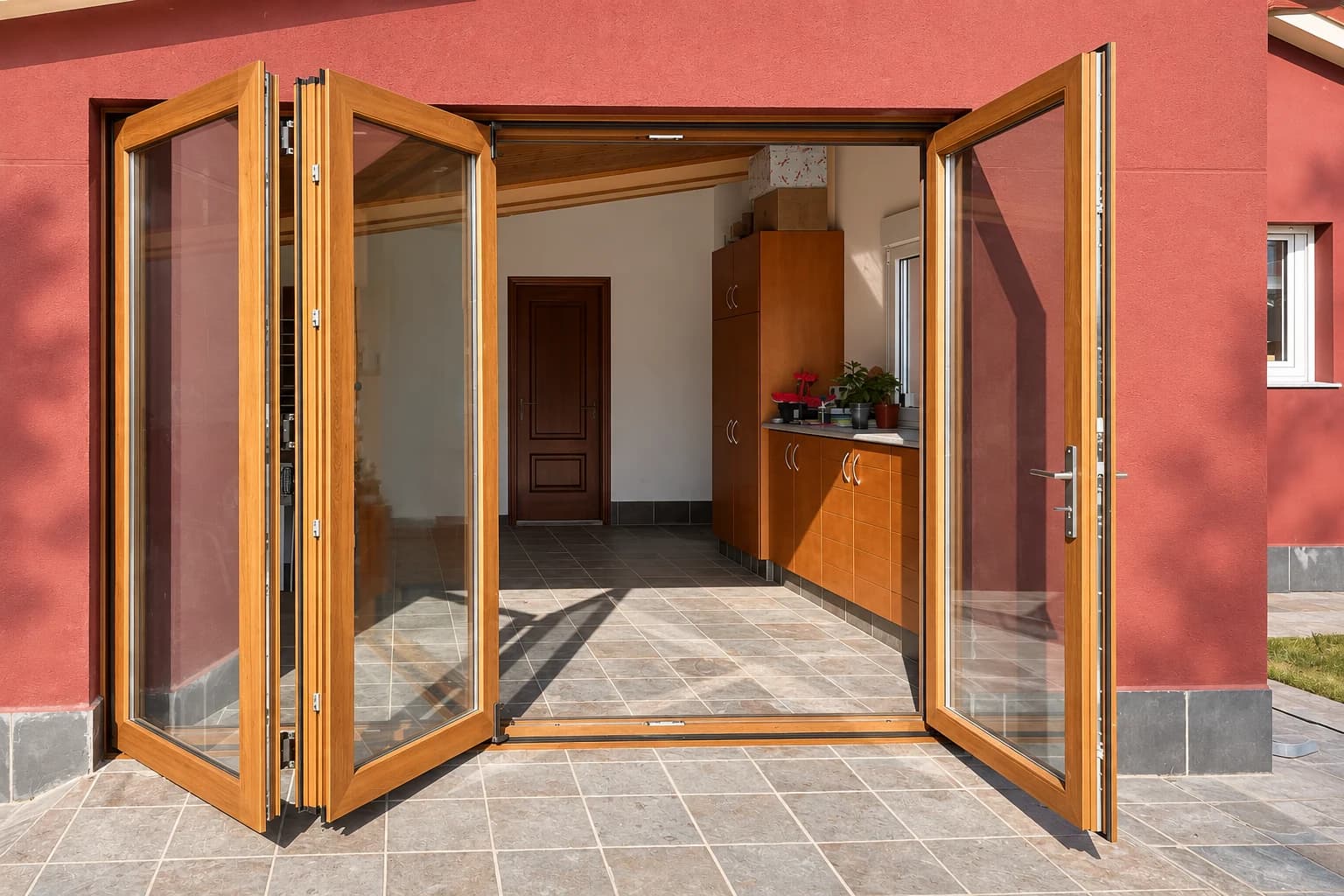 Puerta plegable Kömmerling con acabado madera