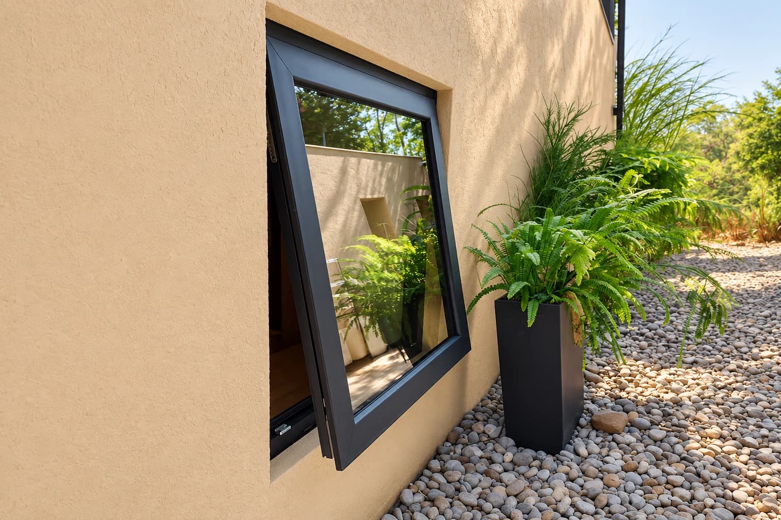 Ventana proyectante Kömmerling abierta en fachada