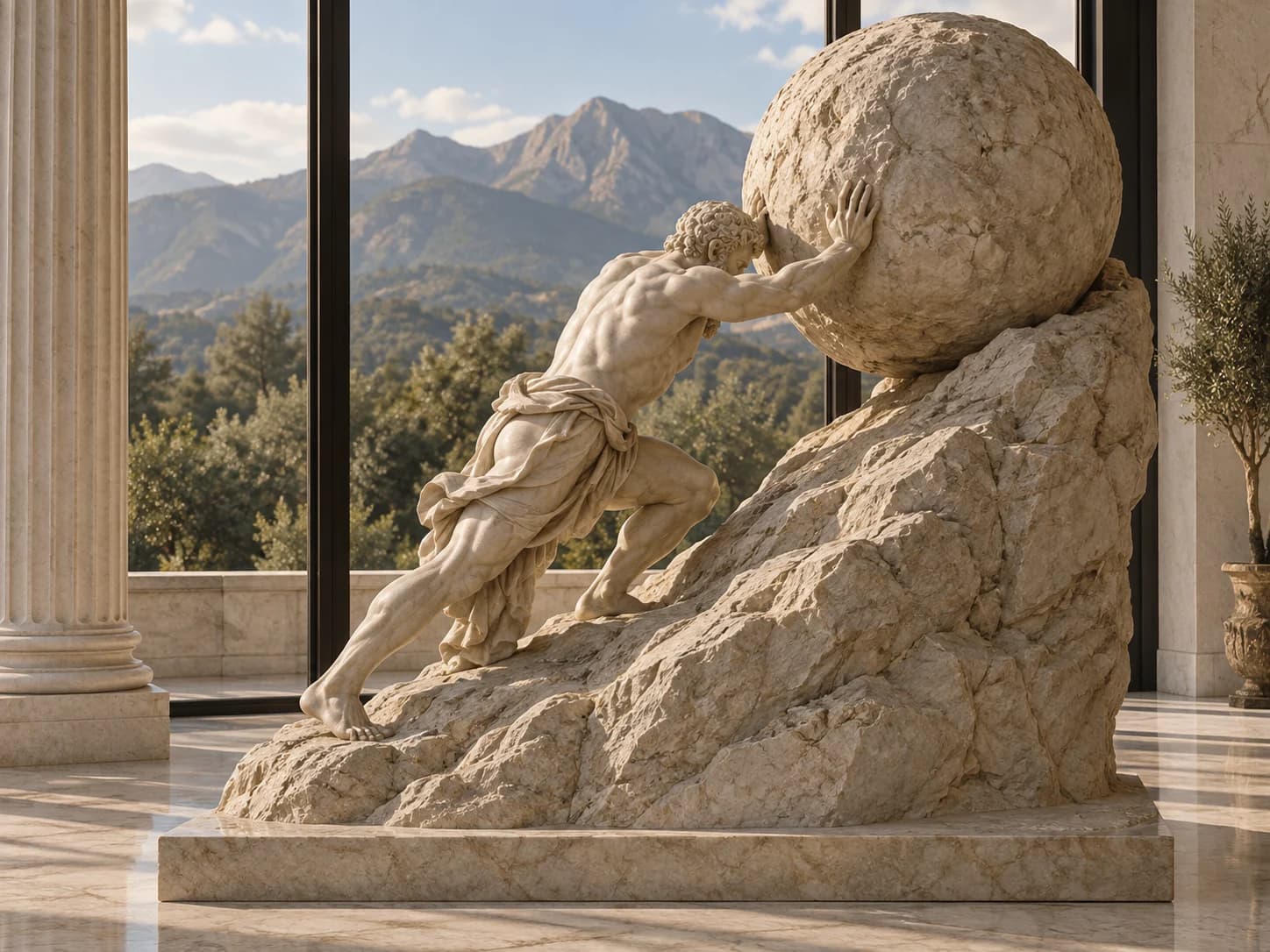 Estatua de Sisifo en marmol empujando una roca cuesta arriba, ante un ventanal con vistas a las montanas