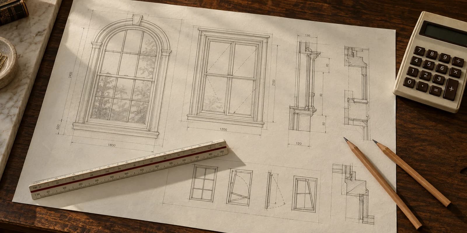 Planos de ventanas en papel con escalímetro, lápices y calculadora retro