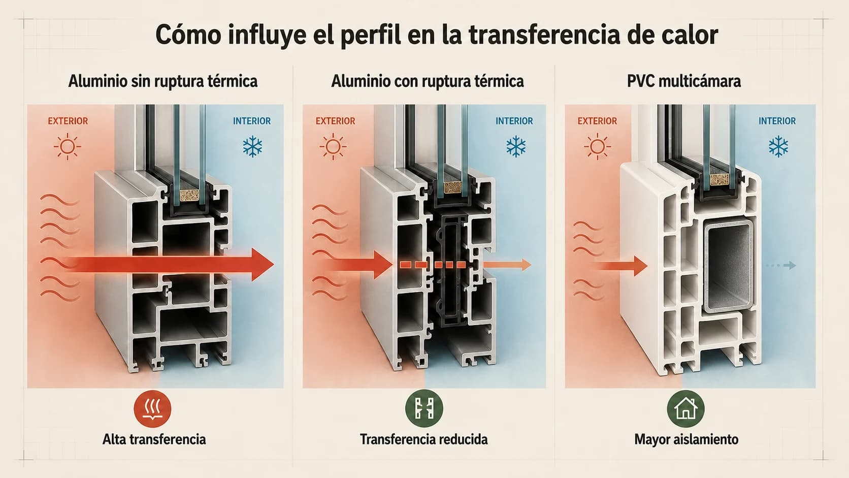 Comparación térmica entre aluminio sin ruptura, aluminio con ruptura térmica y PVC multicámara con refuerzo de acero