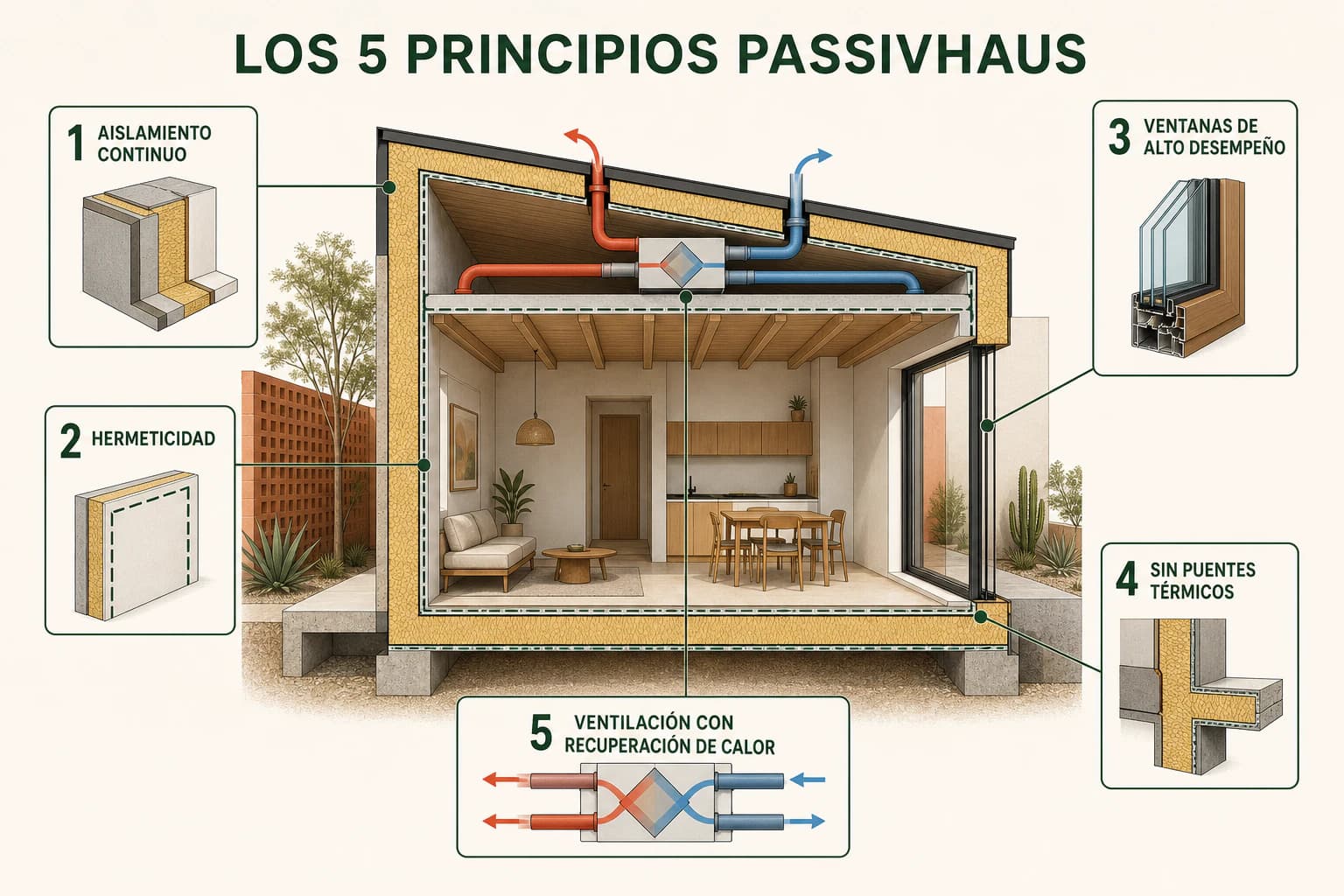 Infografía de los cinco principios Passivhaus: aislamiento continuo, hermeticidad, ventanas de alto desempeño, ausencia de puentes térmicos y ventilación con recuperación de calor